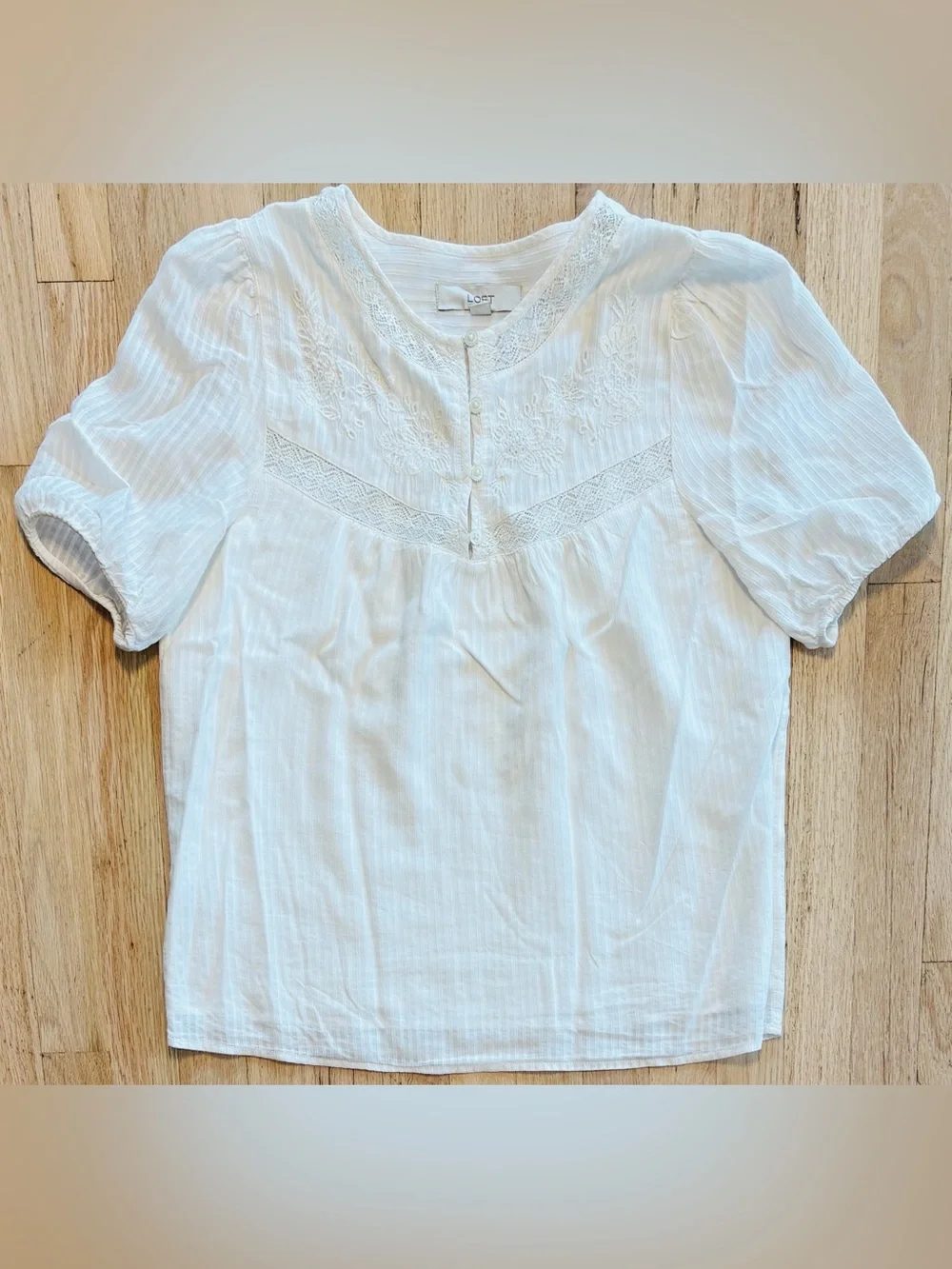 LOFT Embroidered Lace Puff Sleeve Blouse Ivory White Boho Lace Size Small S - Picture 2 of 6
